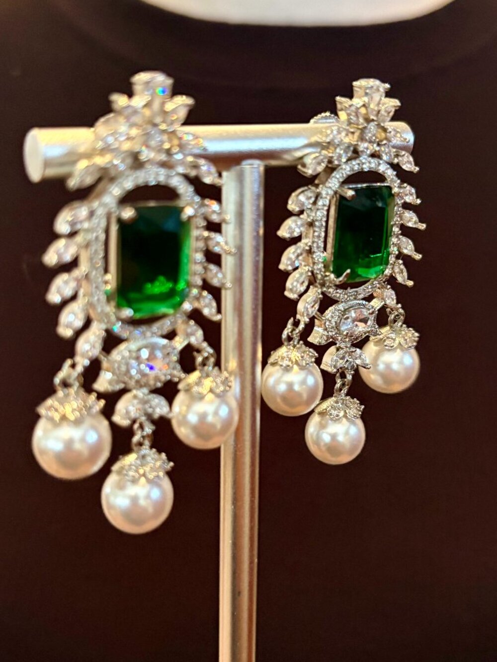 Faux Emerald Rhodium Plated Cubic Zirconia Earrings